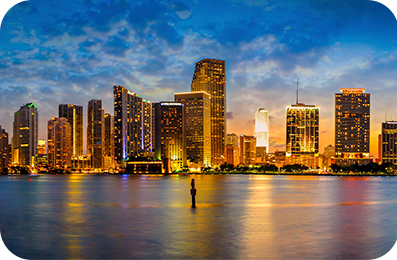 Miami skyline at sunset.
