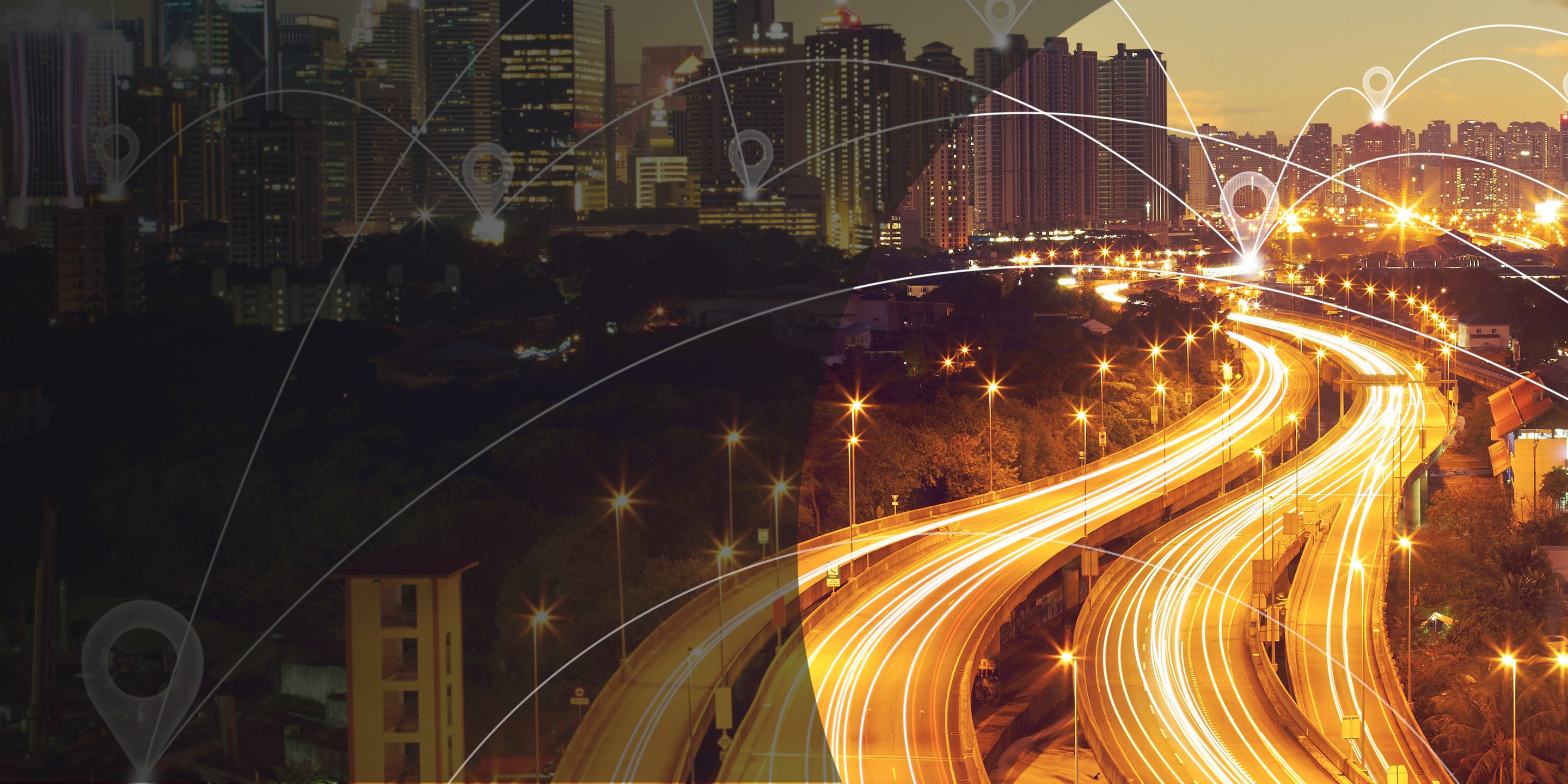 An aerial view of a modern smart city featuring eco-friendly architecture, smart transport systems, and digital connectivity.