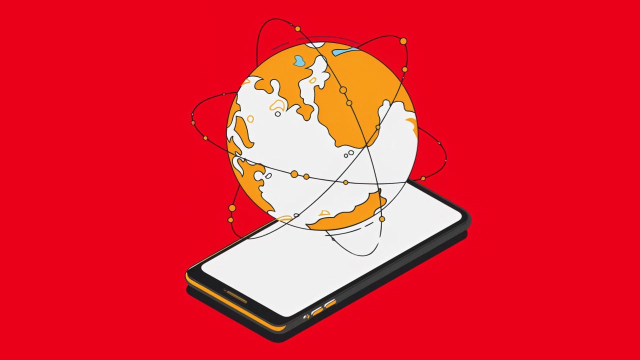 globe with orbital lines above smartphone