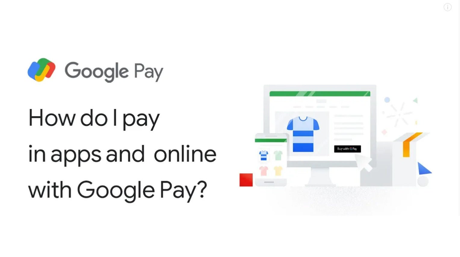 Google Pay útmutató grafika az alkalmazáson belüli és online fizetés bemutatására, illusztrált vásárlási felülettel.