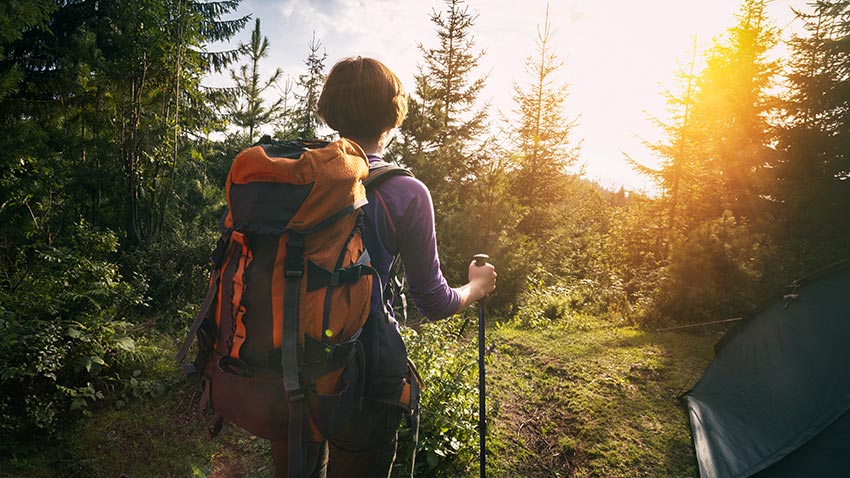 Female hiker emersed in nature.