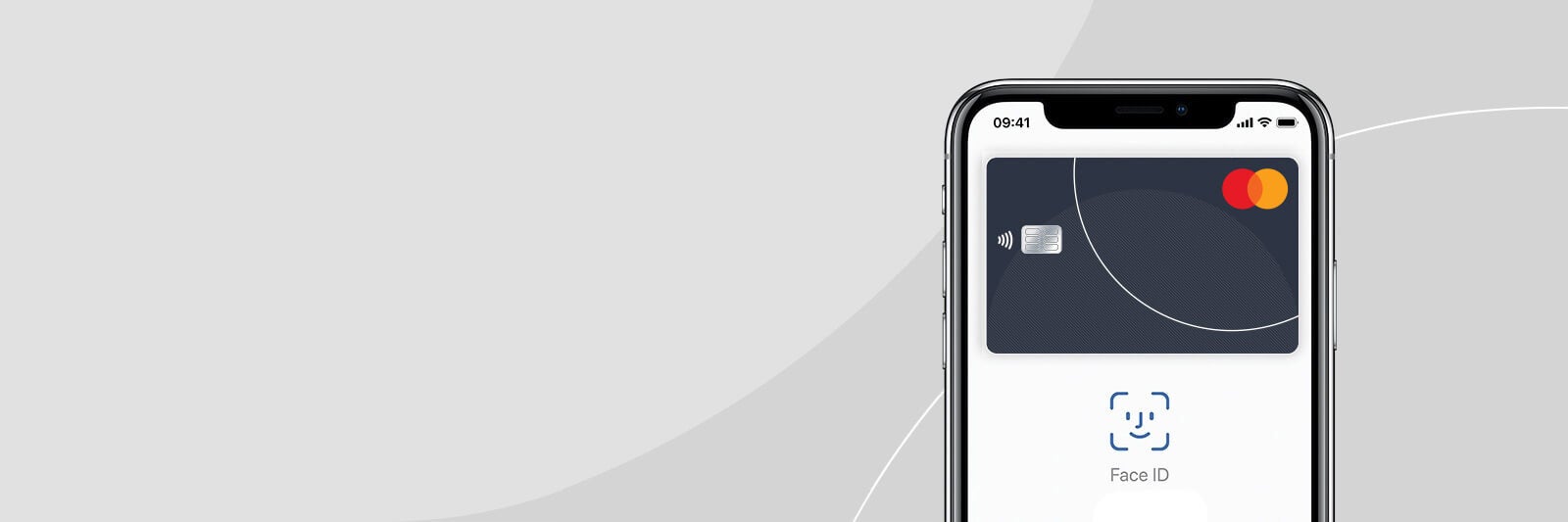 iPhone képernyőjén Apple Pay fizetés Mastercard kártyával, Face ID azonosítással, letisztult szürke háttéren.
