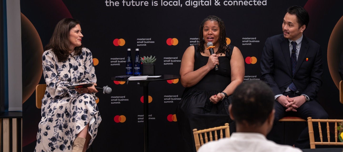 Tammeca Rochester, center, with fellow small business owner Hiroki Odo, right, and moderator Julia Monti of Mastercard, discussed some of the challenges facing small businesses trying to grow at Mastercard's Small Business Summit in New York City. 