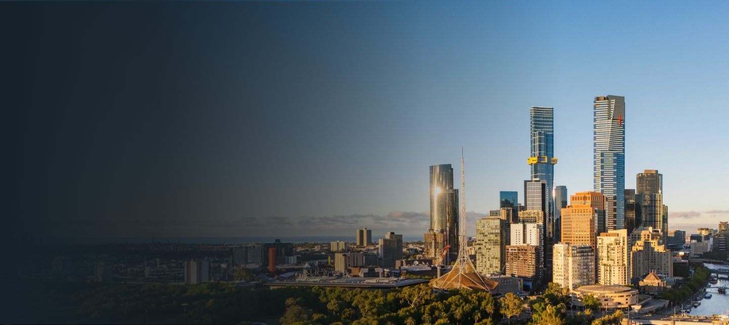 A wide view of the Melbourne city skyline.