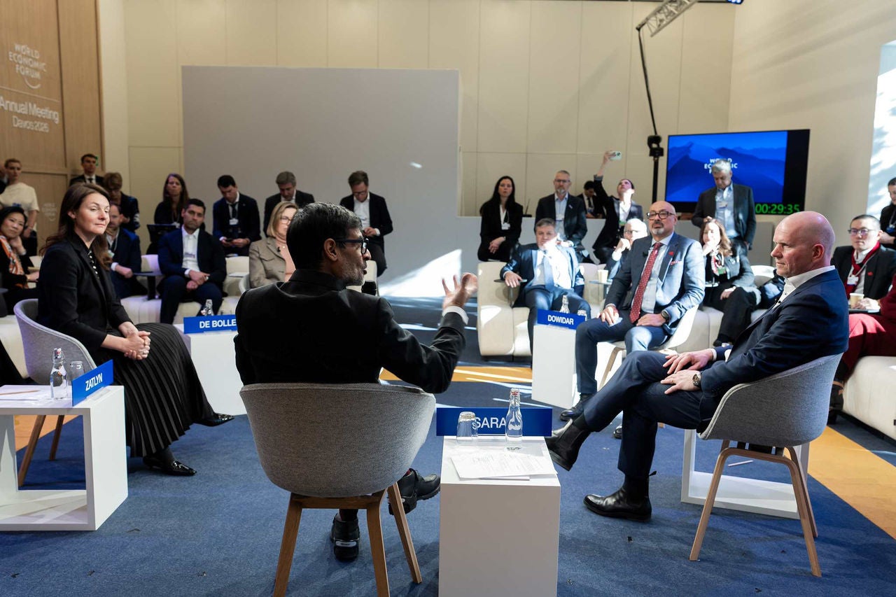 Hard Realities of Cyber Threats session with Catherine De Bolle, Executive Director, Europol (European Union Agency for Law Enforcement Cooperation), The Hague; Hatem Dowidar, Group Chief Executive Officer, e&, United Arab Emirates; Michael Miebach, Chief Executive Officer, Mastercard, USA; Michelle Zatlyn, Co-Founder and President, Cloudflare, USA; Samir Saran, President, Observer Research Foundation (ORF), India; at the World Economic Forum Annual Meeting 2026 in Davos-Klosters,