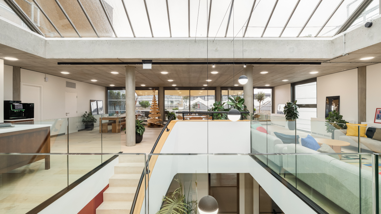 Office space with a glass railing