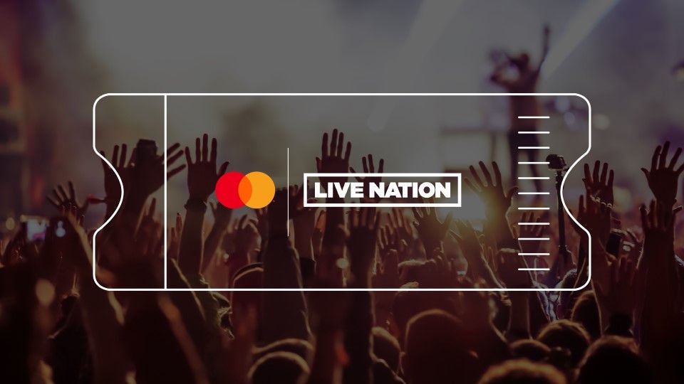 Two logos inside a white ticket outline, over a photo of a concert crowd with raised hands.