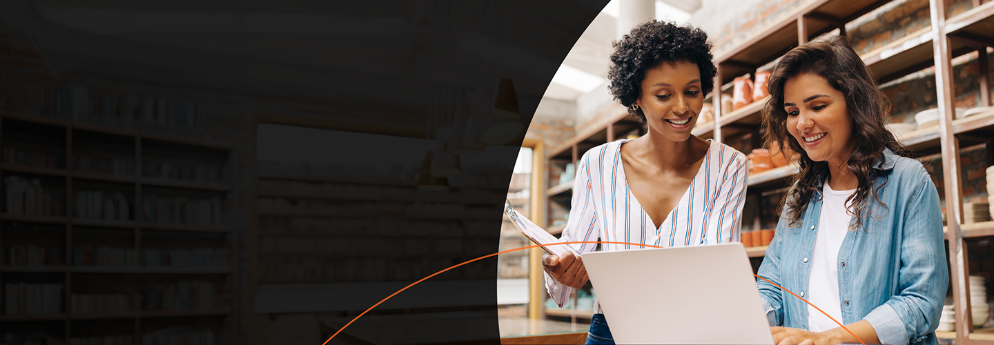 Two women reviewing inventory on a computer