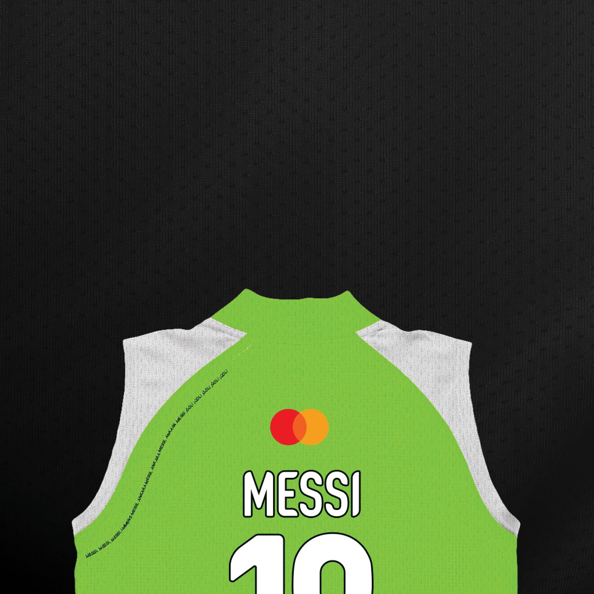 Back view of a bright green and white sleeveless soccer jersey featuring the Mastercard logo, "MESSI", and the top of the number "10" in white with black outlines, set against a dark textured background.