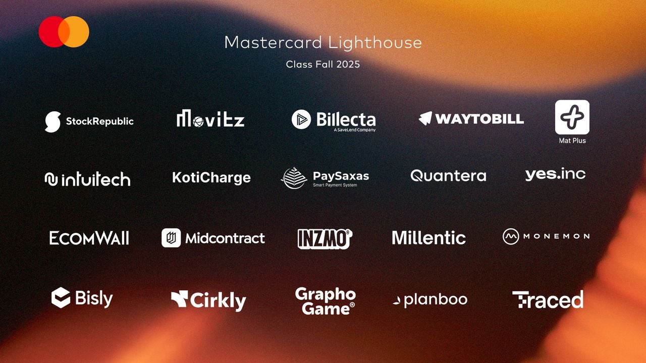 Grafikk som viser selskapslogoer under 'Mastercard Lighthouse Class Fall 2025'.