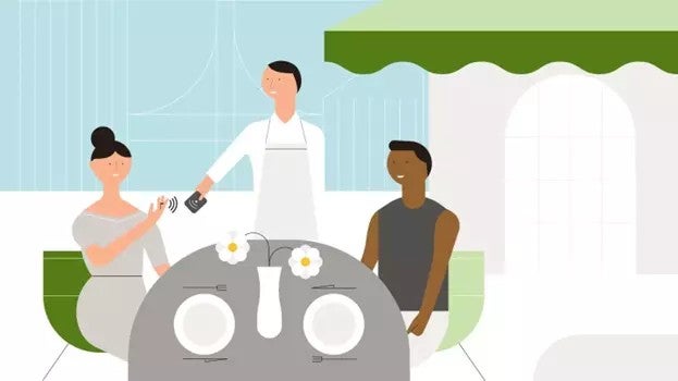 Couple paying with their phone illustration