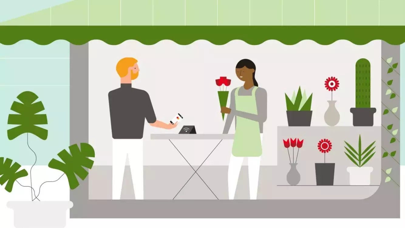 Mann bezahlt Blumen mit Telefon (Illustration)