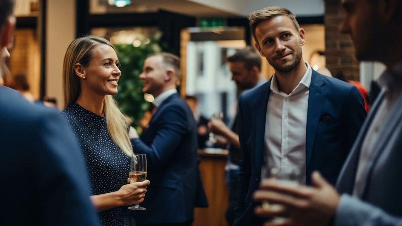 Professionals mingling at a business event.