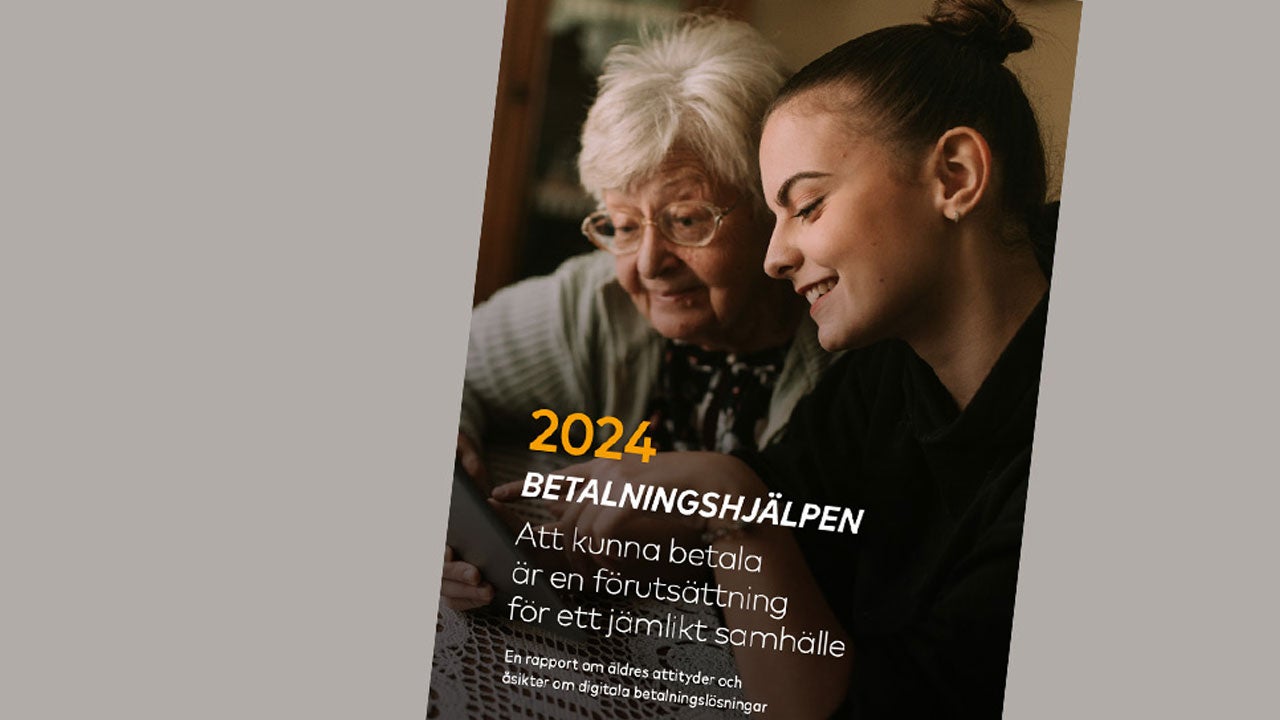 En affisch med texten "2024 Betalningshjälpen" där två personer tittar på något tillsammans.