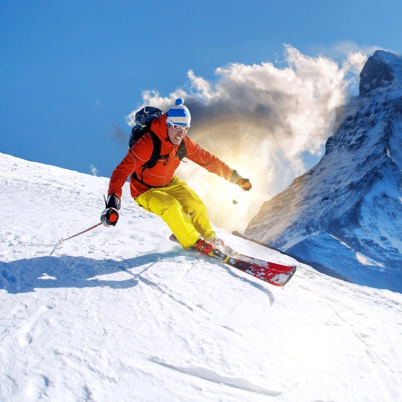 A skier in Switzerland near on the Matterhorn.