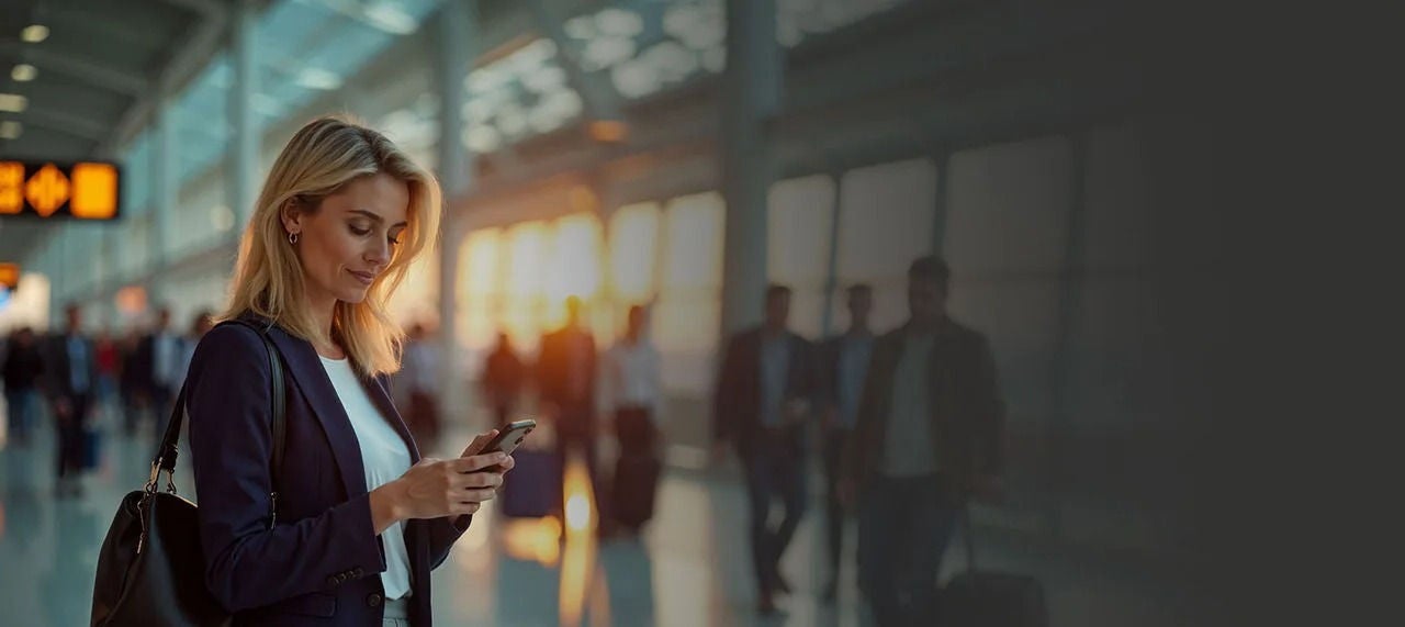 אשת עסקים בודקת את הטלפון שלה בשדה התעופה.