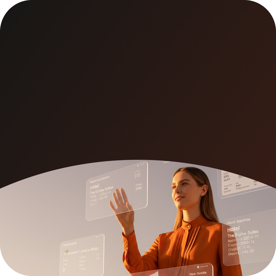 Woman with screens hovering in the space around her 