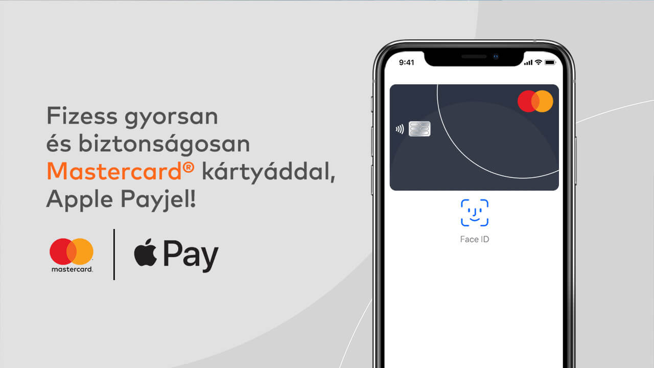 iPhone kijelzőjén Apple Pay fizetés Face ID-val, mellette magyar felirat a gyors és biztonságos Mastercardos fizetésről.