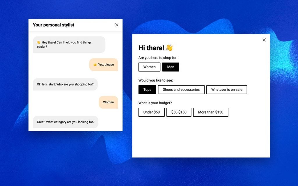 From left to right, Dynamic Yield’s Chatbot Recommendations template and Conversational Recommendations template.