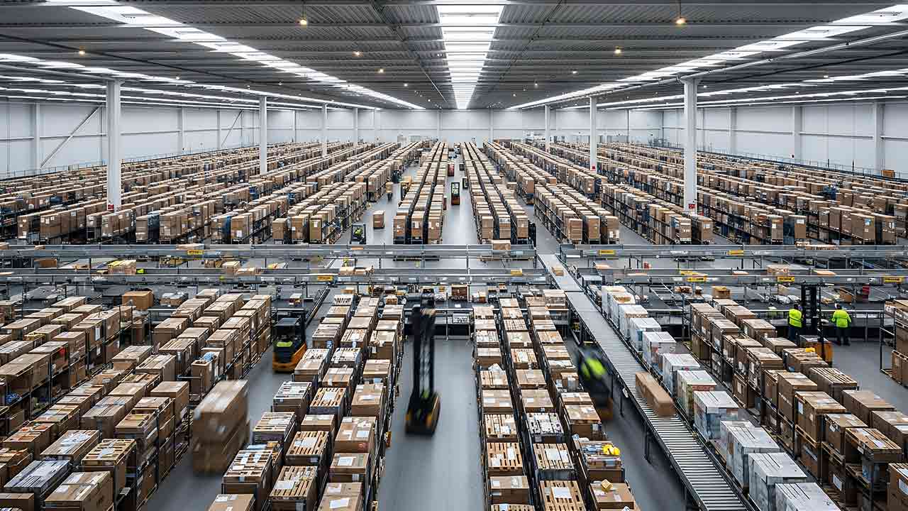 Wideshot of huge shipping warehouse.