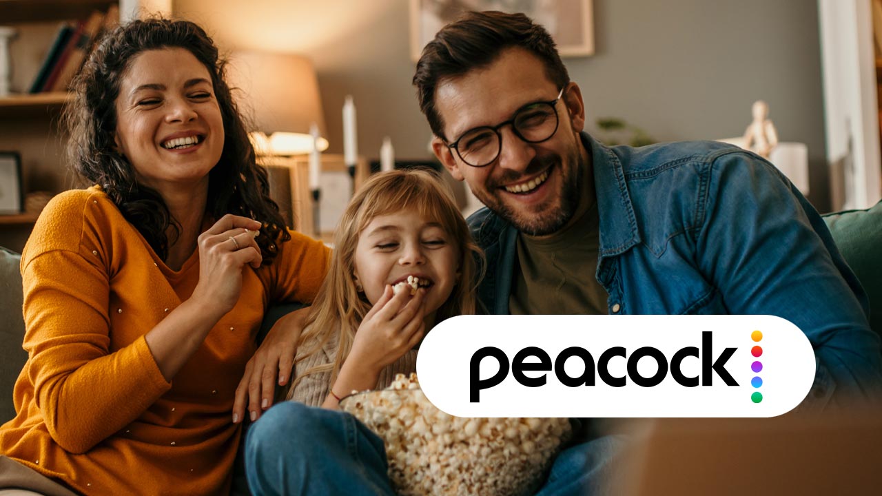 Peacock logo over a background image of family watching TV.