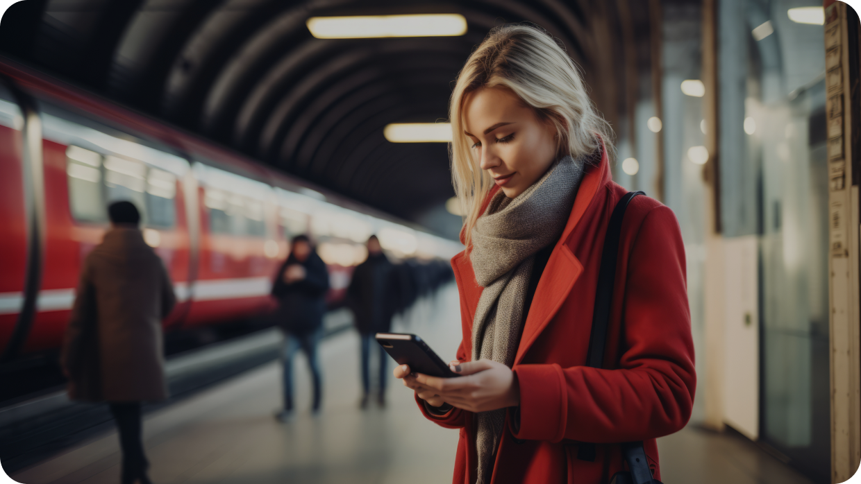 Young woman using her mobile at railway station. 