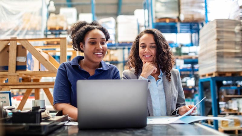 Colleagues in a warehouse working on laptop.