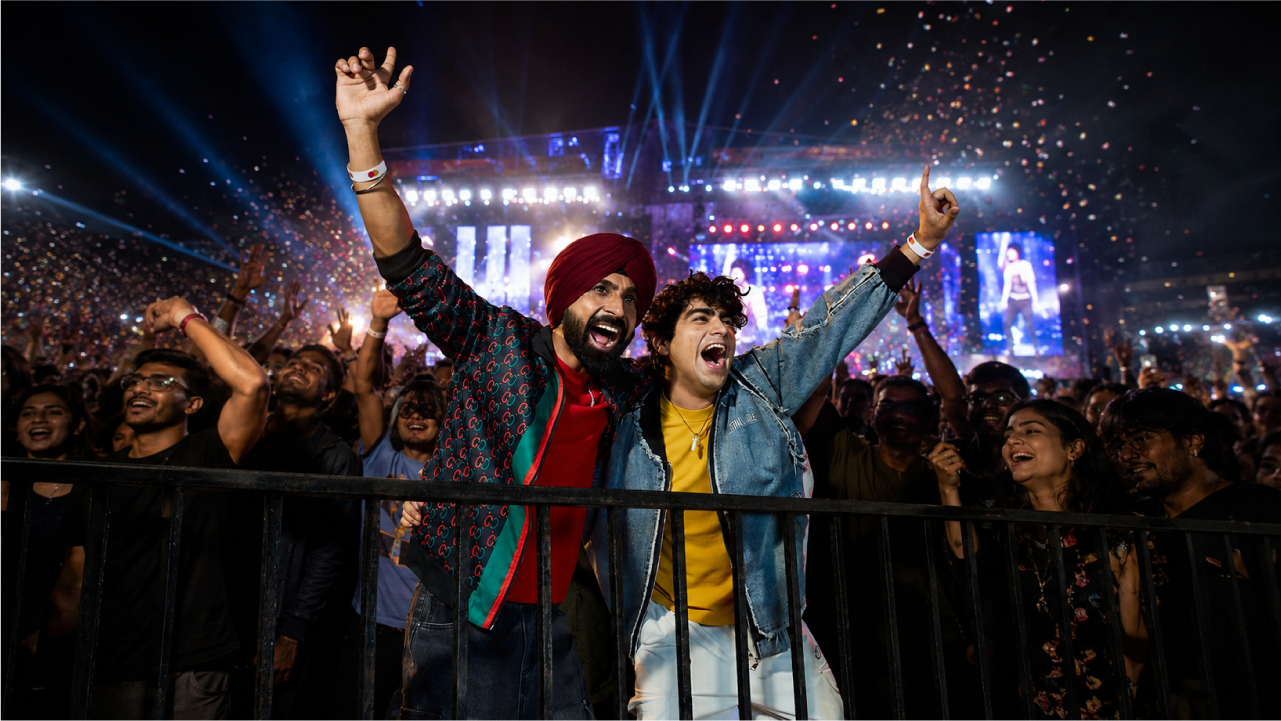 Two Indian friends enjoying a concert from the front.