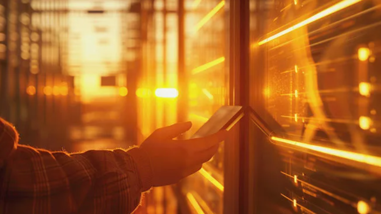 A worker holds a tablet-like device to a data center unit. 