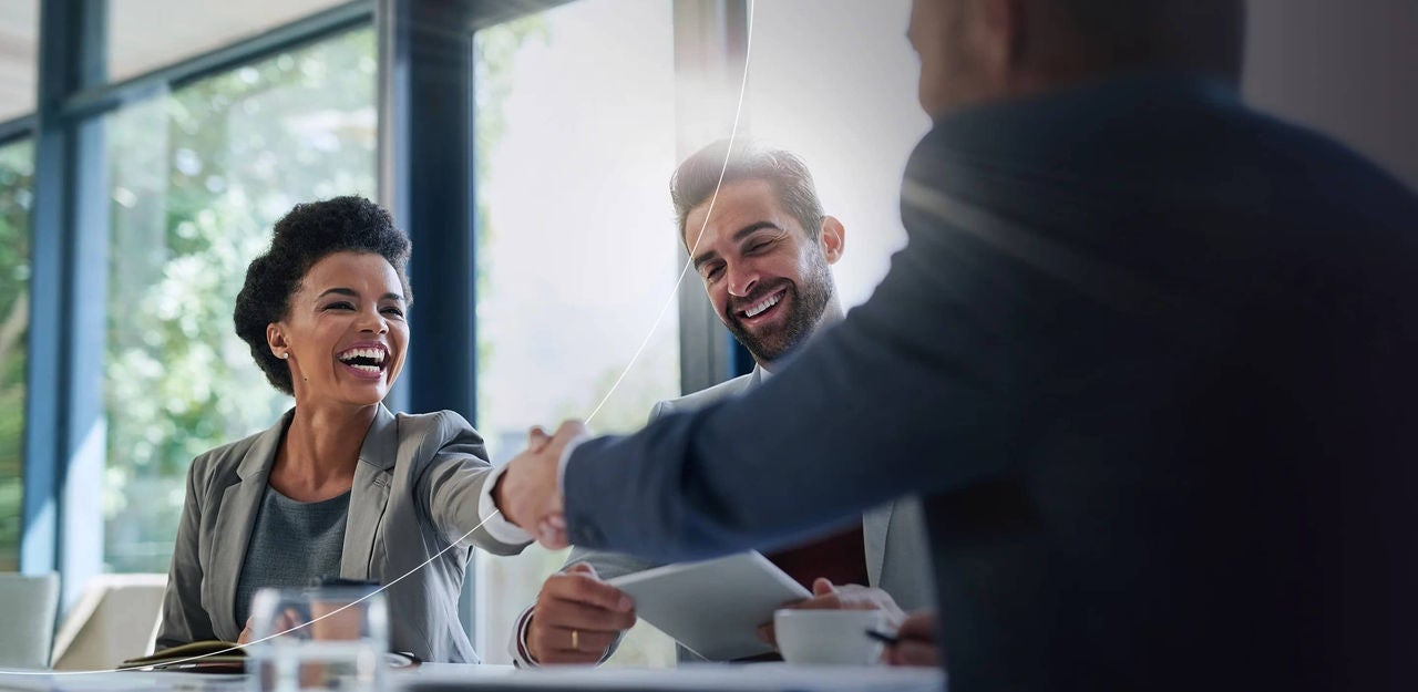 קבוצה של אנשי מקצוע עסקיים לוחצים ידיים במהלך פגישה המסמלת הסכם ושיתוף פעולה.