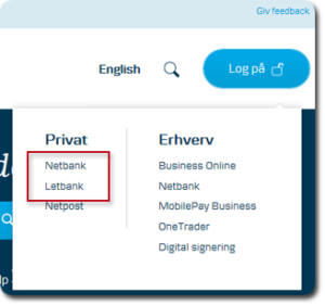 Dankse bank screenshot showing menu items