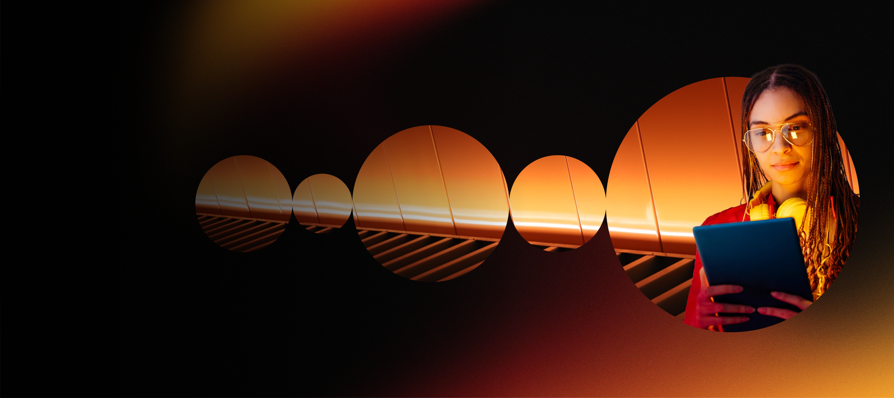Woman on tablet within Mastercard circles