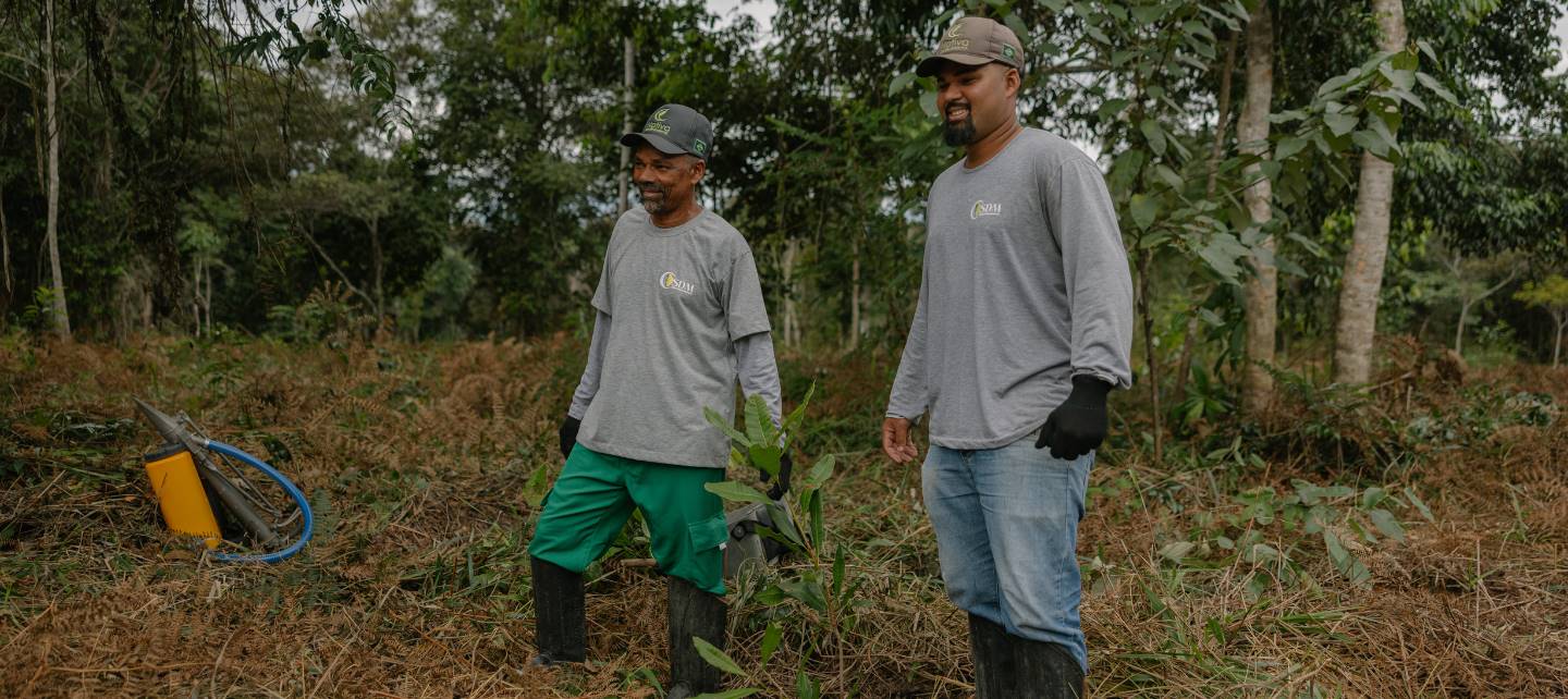Two forest restoration workers in the Atlantic Forest in Bahia. 