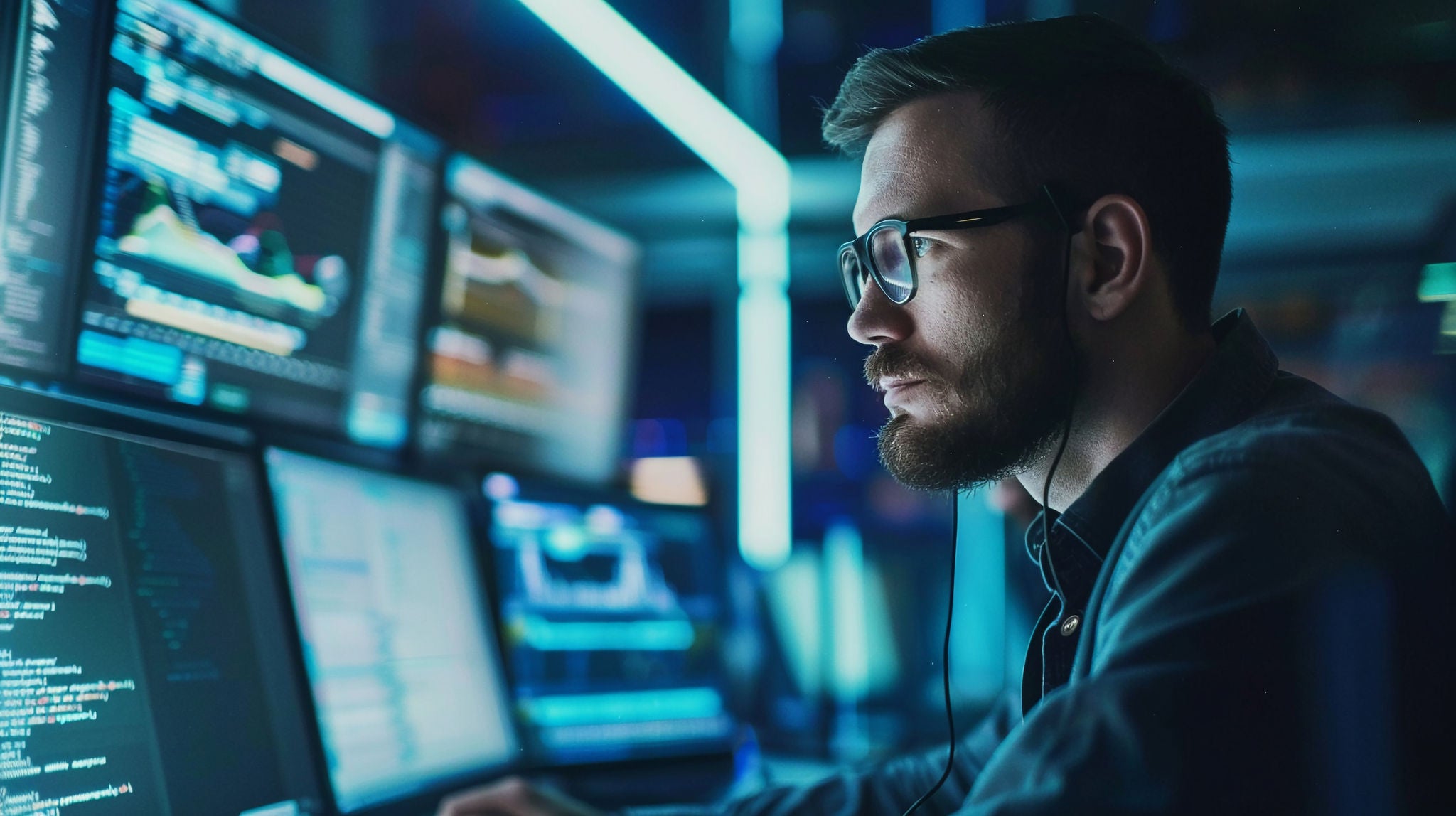 Man with beard starting intently at computer screen.
