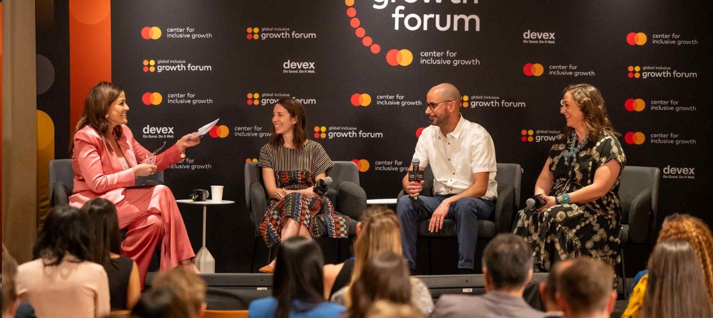 Andréa Vieira, Rebecca Van Bergen, Elias Morrand Morgan Buckert on stage at the Global Inclusive Growth Forum. 
