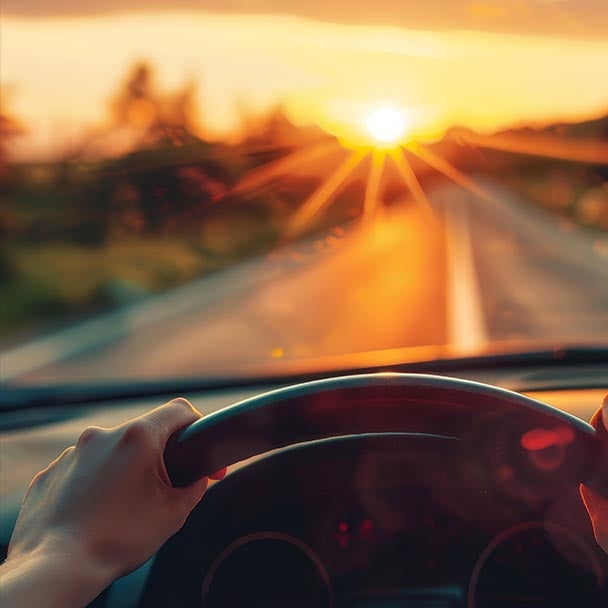 Driving into sunset.