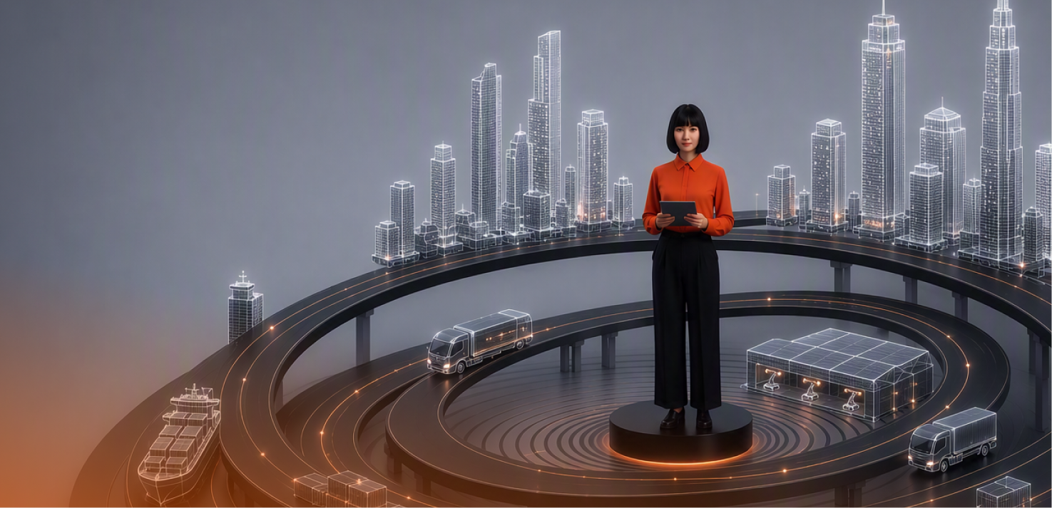 Woman standing in the center of a business ecosystem