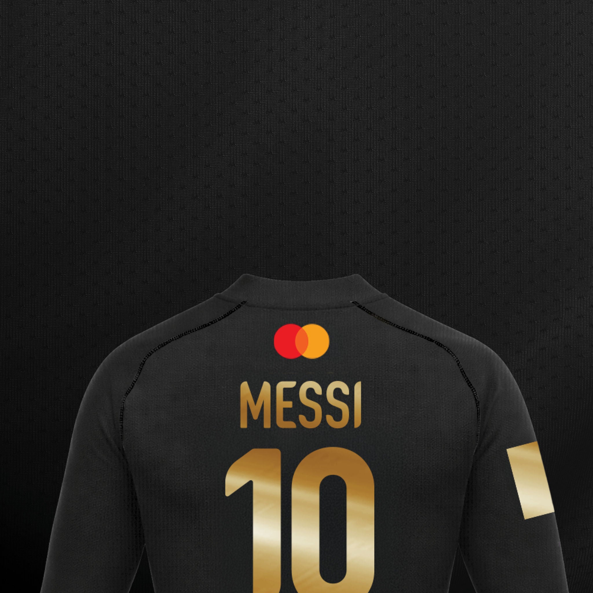 Back view of a black long-sleeve soccer jersey featuring the Mastercard logo, with "MESSI" and the number "10" printed in a shiny gold font, set against a dark textured background.