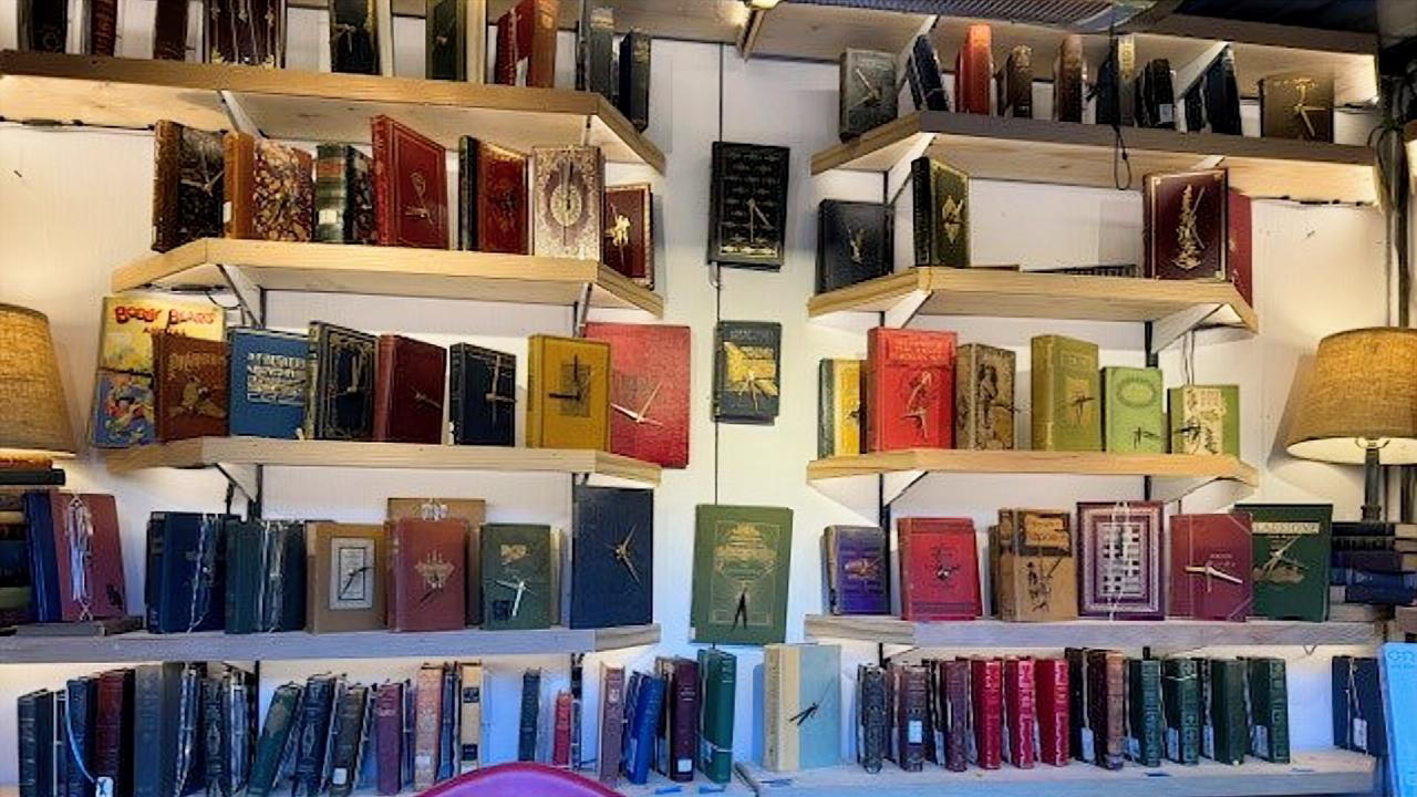 the Once a Book stall at Union Square shows off the old books turned into clocks. 
