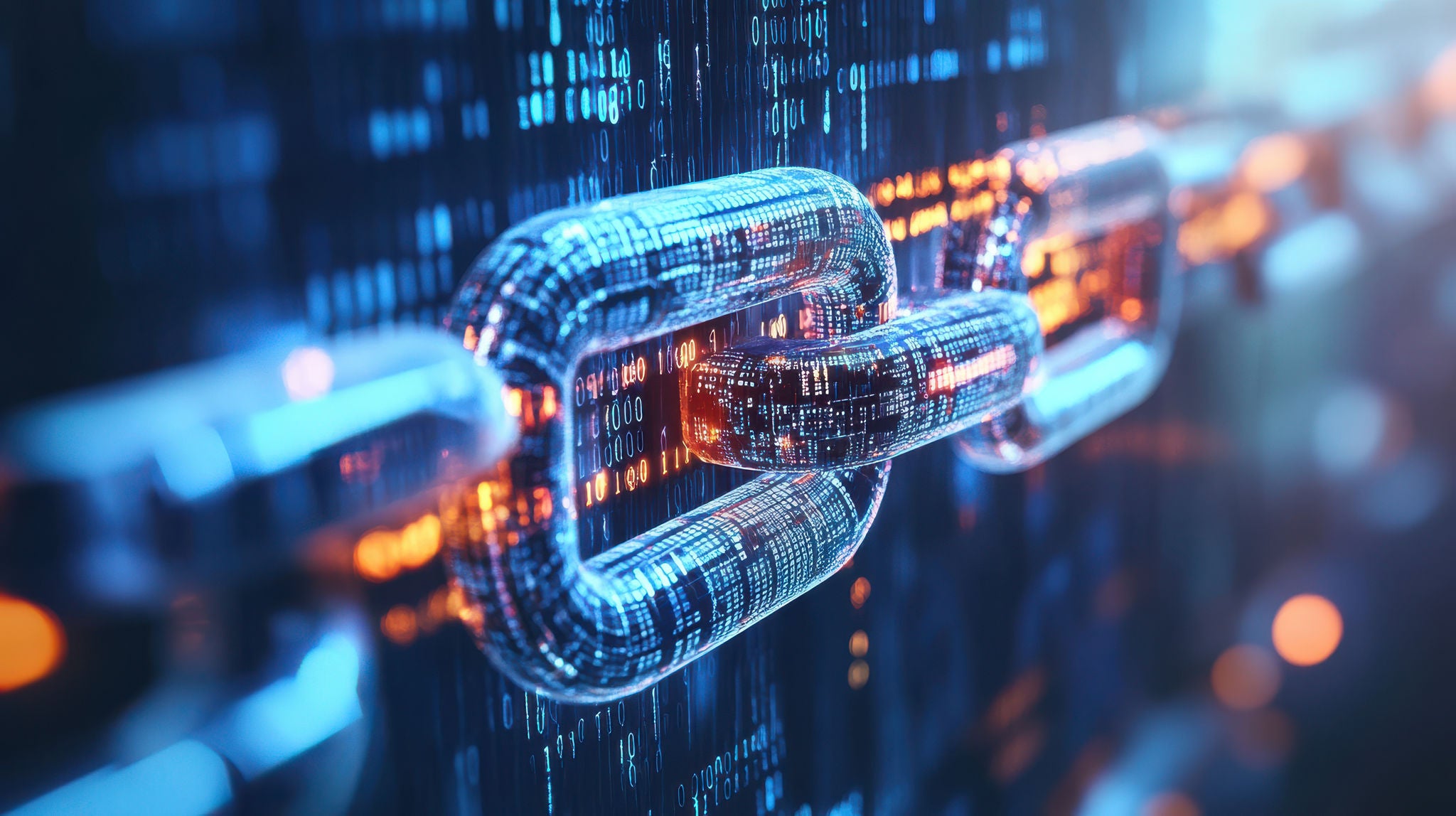 Close-up of a glowing digital chain link, symbolizing blockchain technology