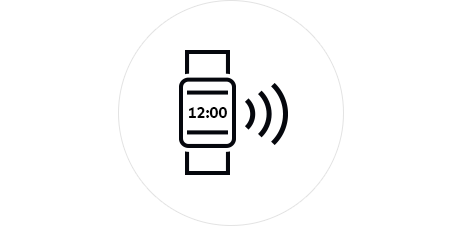 Okosóra ikon érintéses fizetést jelző hullámvonalakkal, egyszerű vonalas stílusban fehér háttéren.