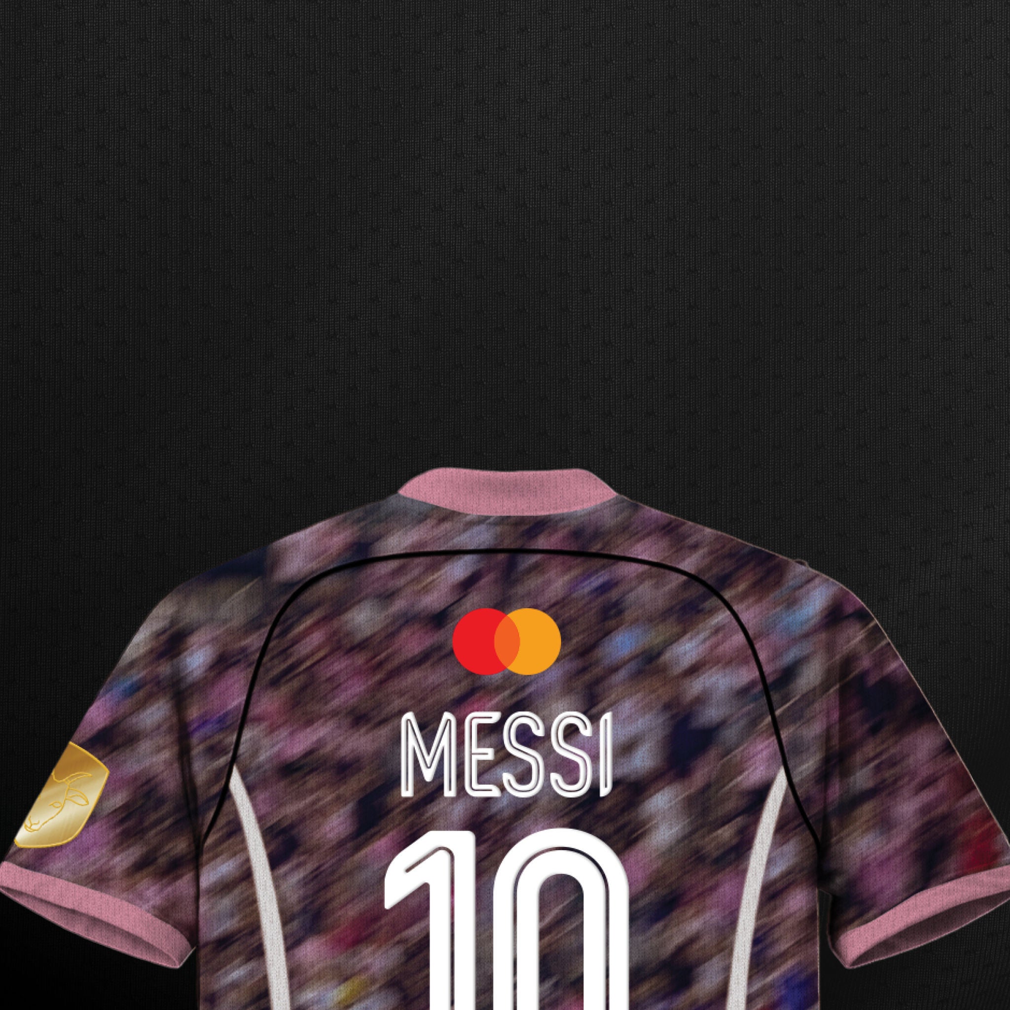 Back view of a soccer jersey with a motion-blurred crowd print in shades of purple and pink, pink trim on the collar and sleeves, the Mastercard logo, and "MESSI" with the number "10" in white outline font, set against a dark background.