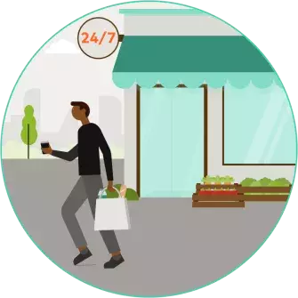 Man leaving a convenience store illustration