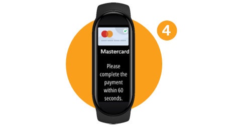 Xiaomi okoskarkötő fizetési megerősítő képernyővel, számozott lépésjelöléssel narancssárga háttéren.