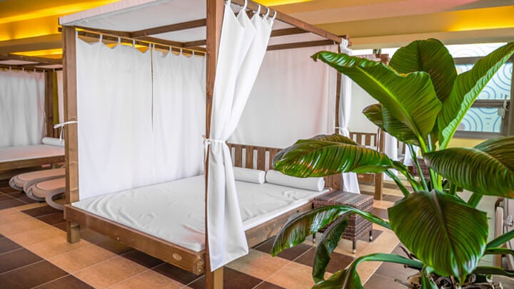 Fedett pihenőágy baldachinnal, fehér függönyökkel és matraccal, beltéri térben elhelyezve, mellette nagyméretű zöld növény