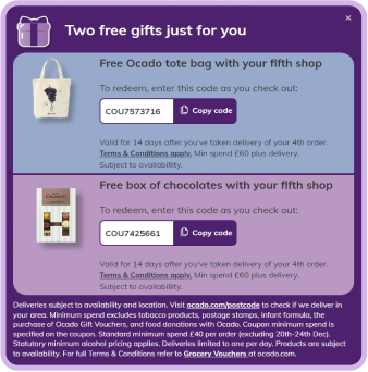 A first-time shopper sees the above homepage experience. They are able to browse all products and build a cart before creating a mandatory account. A promotional offer for first orders appears in the top banner, with the personalized amount displayed at the cart.