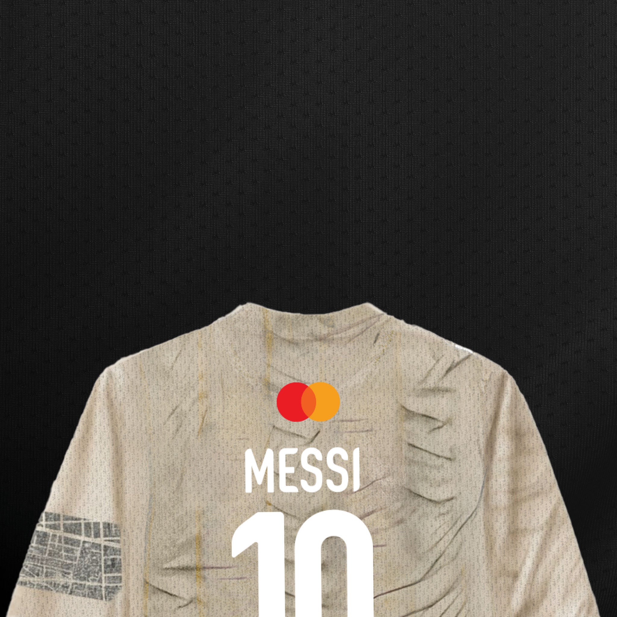 Back view of a limited-edition light-colored soccer jersey featuring the Mastercard logo, "MESSI", and the number "10" in bold white text, set against a dark textured background.