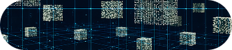 Glowing digital cubes float within a dark three dimensional grid structure representing complex data processing and advanced abstract computing networks.