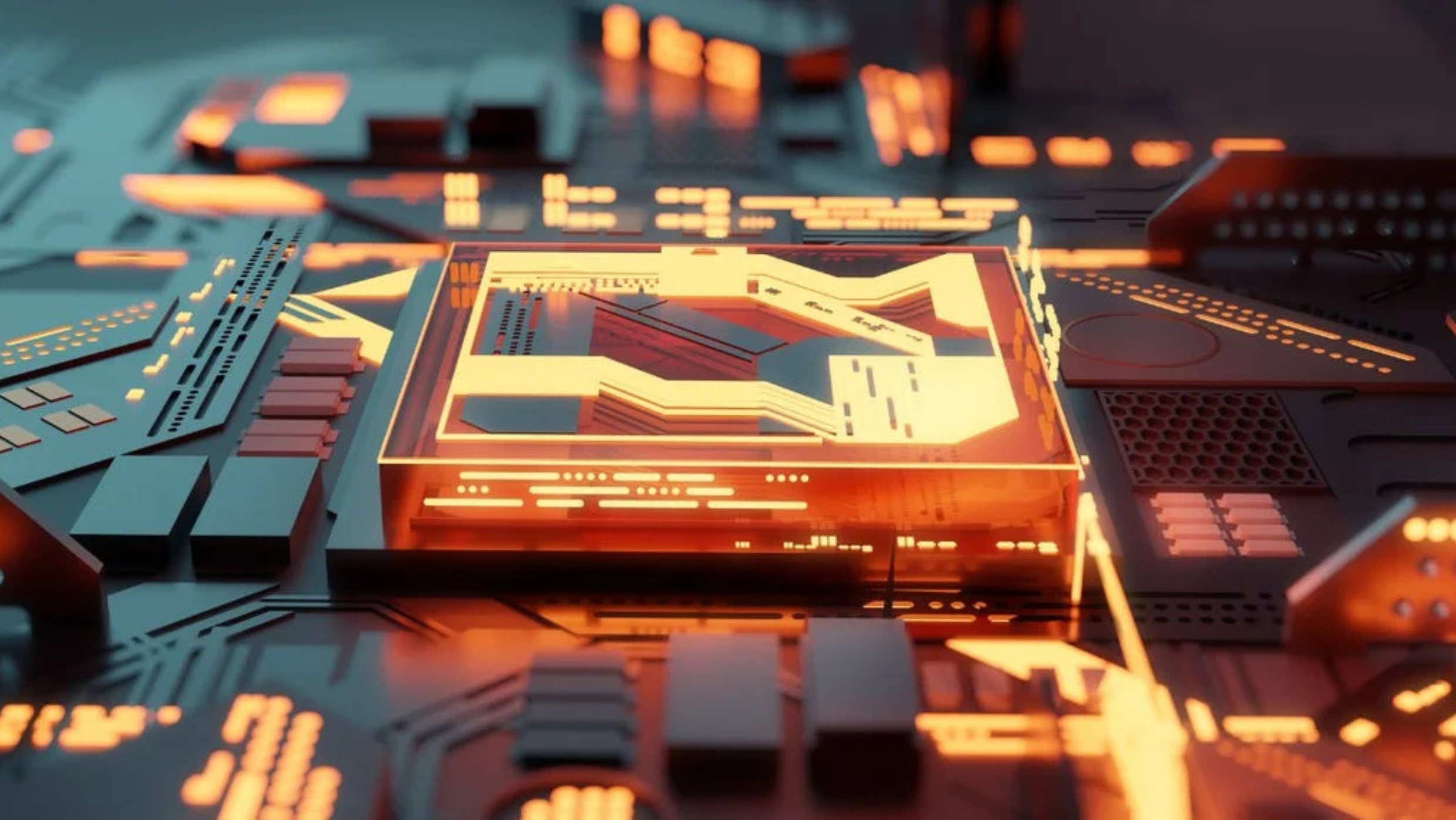 Close-up of a glowing computer chip on a circuit board with orange and gold lighting. 