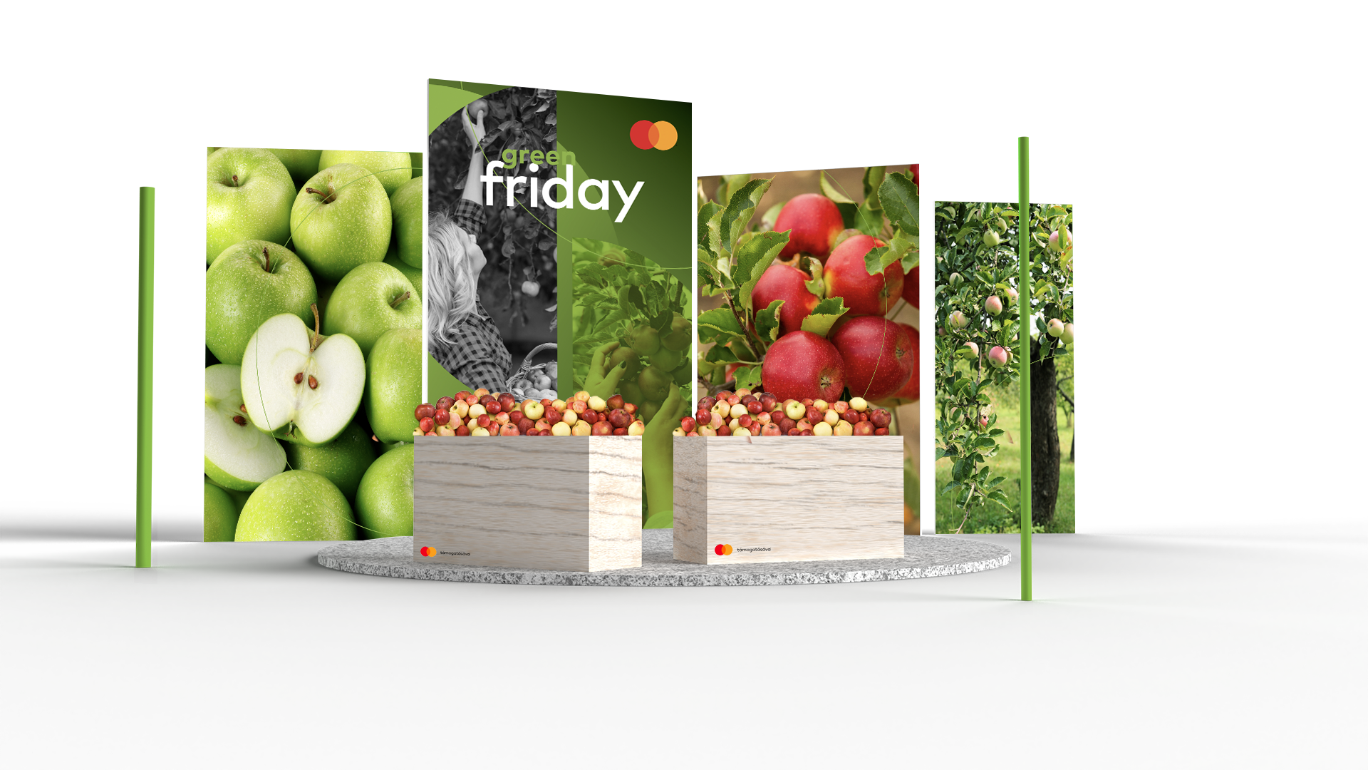 Green friday tematikáju kép kollázs, almás ládákkal